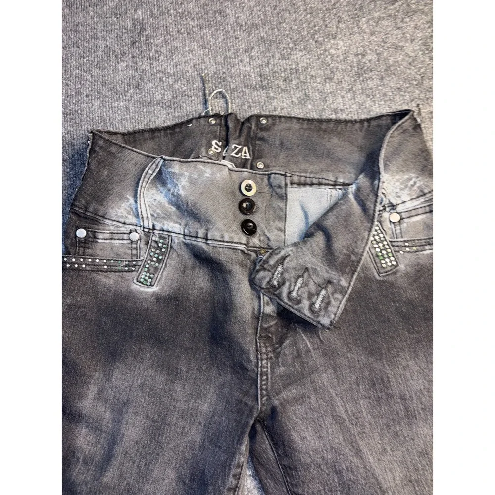 SAZA Skinny Jeans Womens 17 Gray Rhinestone Embellished Lace Up Back Button Fly‎